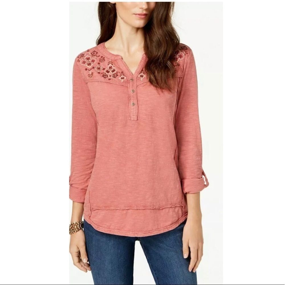 Style & Co Embroidered-Yoke Roll-Tab Sleeve Top XS